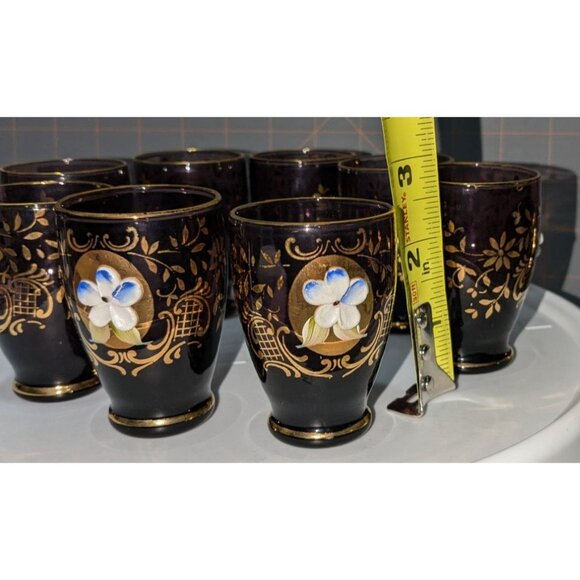 Vintage Amethyst Decanter Set 8 Hand-Painted Cups Gold Gilded Raised Floral Desi - Picture 13 of 16